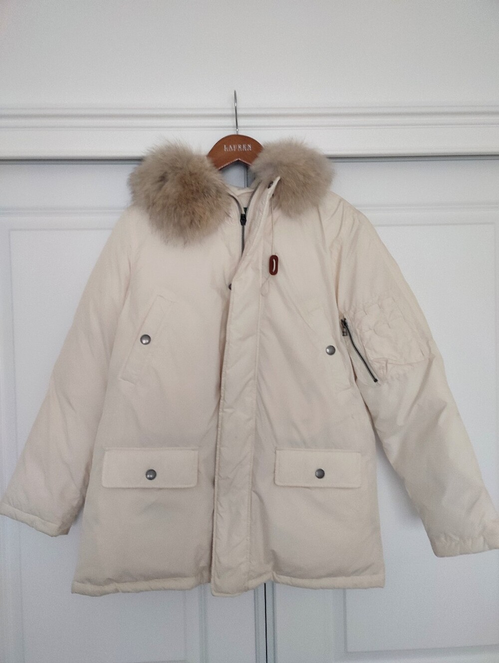 Ralph Lauren Off White Puffer Down Jacket W/Fur Trimmed Hood Multiple Pocket PM